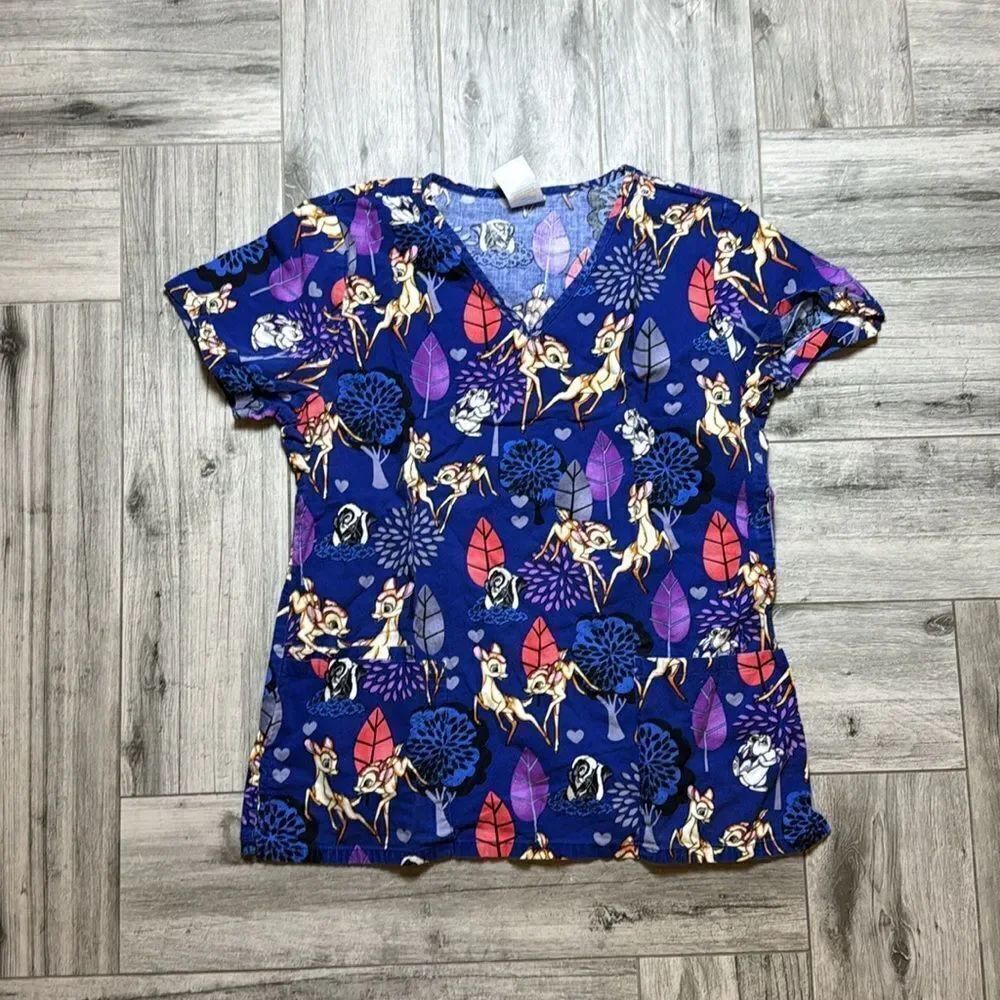 Disney Womens Collection Bambi Crush V-Neck Scrub TopβBlue Small